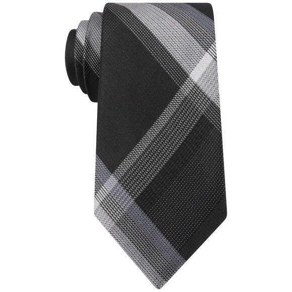 KENNETH COLE REACTION Black Gray Skyline Plaid Silk Classic Tie - Picture 1 of 3